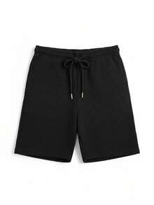 Retro Men's Waffle Plaid 2-Piece Set: Black Half-Zip Polo Shirt Paired With Casual Shorts, Minimalist Everyday Outfit - Black - View 4