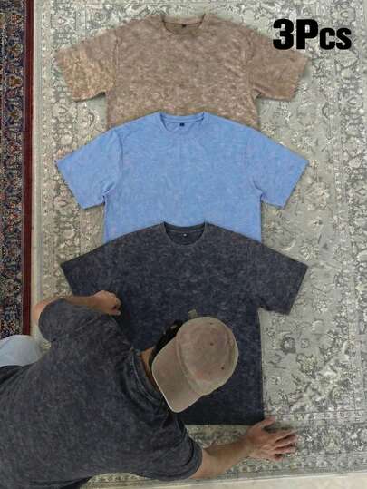 3pcs Men's Summer Fashion Minimalist Vintage Washed Round Neck Short Sleeve T-Shirt | All-Match Style Street Casual Tee, Boyfriend/Husband Gift
