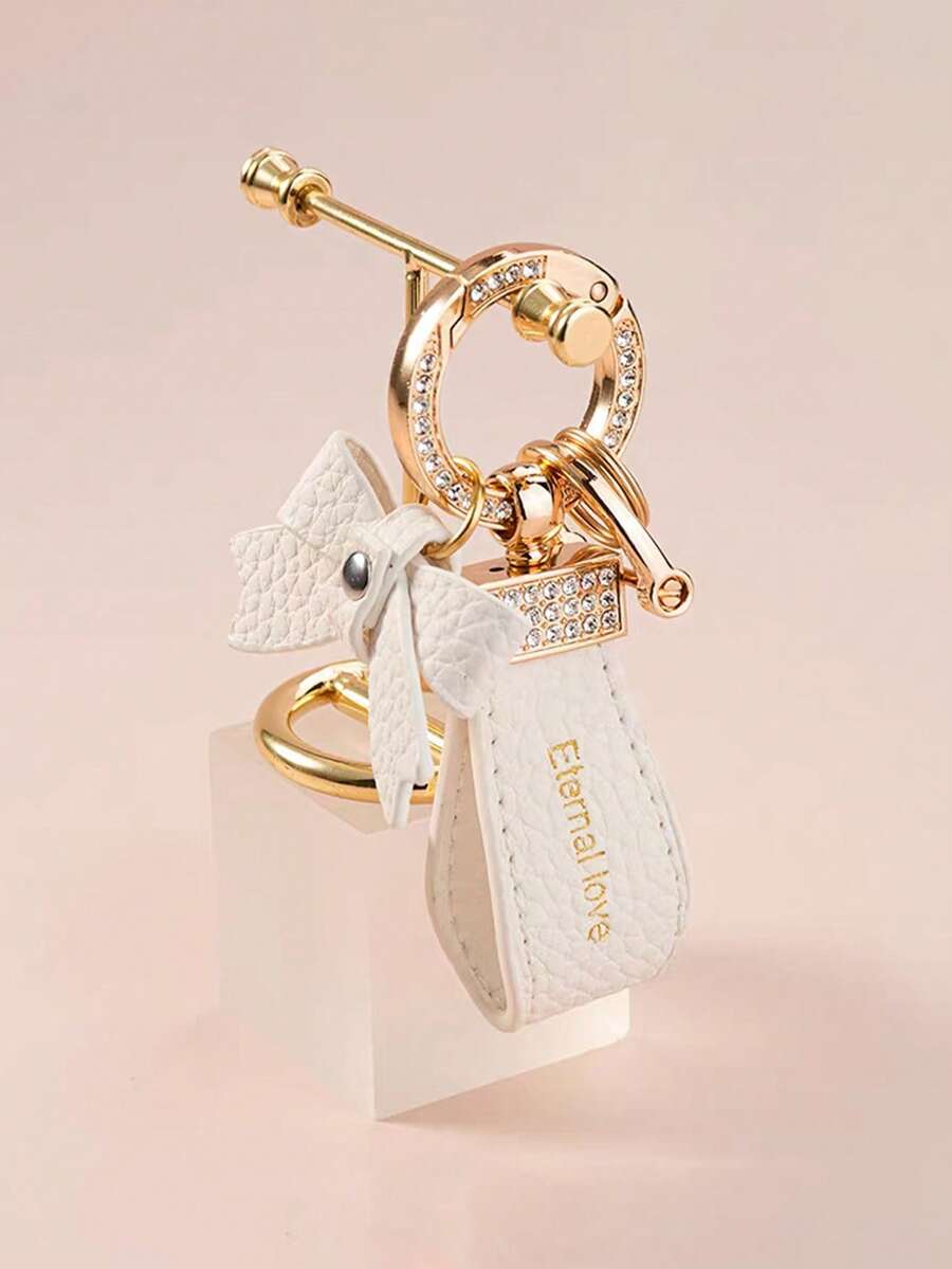 1pc Faux Leather Rhinestone Keychain, Rhombus Textured, Shiny, Casual, Elegant, Suitable For Party, Commute, Gathering, Car, Home Keys, Year-Round - White - View 1