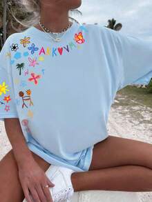 Women's Summer Letter Print Round Neck Loose Casual T-Shirt, Versatile Daily Casual Style. Distinctive Graphic Tee, Women's Light Blue Top, Vacation - Light Blue - View 1