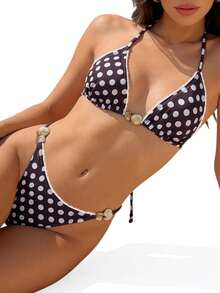 Women Polka Dot Bikini Sets Sexy Halter String Triangle High Cut Cheeky 2 Piece Bathing Suit - Brown - View 3