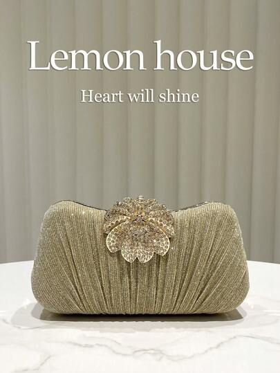 1pc Elegant Glittery Gold Pleated Evening Clutch Bag, Luxury Rhinestone Decor Formal Handbag For Wedding, Prom, Party, Cocktail