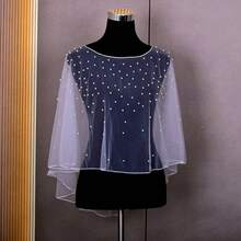 珍珠点缀薄纱披肩，完美适合伴娘及各种场合，串珠婚纱披肩，短款全珍珠披肩，女士薄纱斗篷，新娘披肩 - A - 查看 12