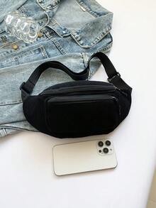 时尚多功能纯色灯芯绒腰包，多口袋斜挎包，男女运动休闲腰包/胸包/手机袋 - 黑色 - 查看 8