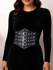 1pc Women's Black Street Style Adjustable Wide Elastic Waist Band, Suitable For Party, Gathering, Daily Commute Or Street Style Outfit - Black - View 1