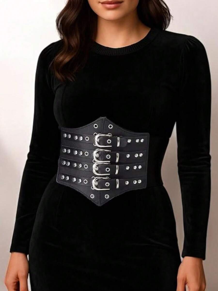 1pc Women's Black Street Style Adjustable Wide Elastic Waist Band, Suitable For Party, Gathering, Daily Commute Or Street Style Outfit - Black - View 1