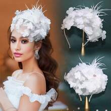 Beautiful Fashion Ladies Headband With Mesh, Gauze Flowers And Feathers - Half Hat Headband, New And Elegant Headband, Luxury Hair Accessories, Perfect Birthday Gift - 白色 - 查看 1