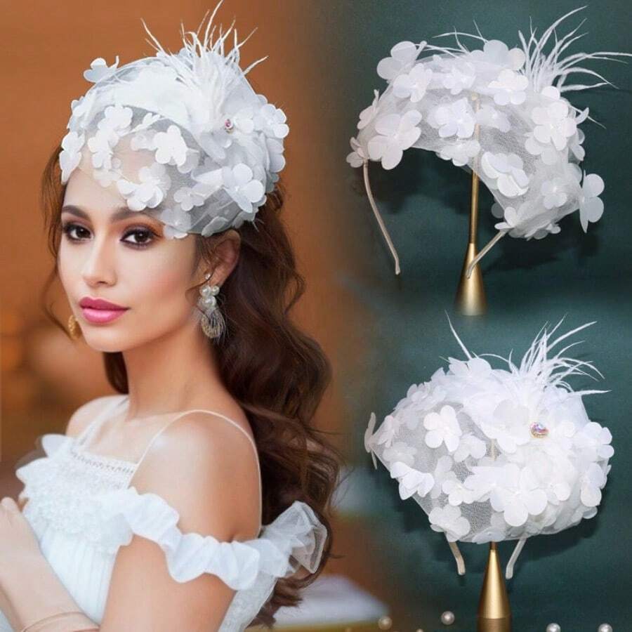 Beautiful Fashion Ladies Headband With Mesh, Gauze Flowers And Feathers - Half Hat Headband, New And Elegant Headband, Luxury Hair Accessories, Perfect Birthday Gift - 白色 - 查看 1
