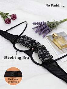 性感内衣黑色蕾丝撞色网纱女士趣味蝴蝶结花卉钢圈文胸，后背搭扣设计 - 黑色 - 查看 7