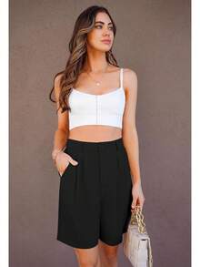 Bermuda Shorts Women Dressy Casual High Waisted Summer Work Elastic Waist Pleated Dress Shorts With PocketsA Valentine's Day U6EB - 卡諾裡奶油 - 查看 7