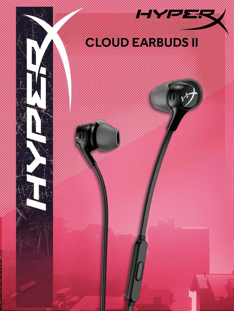 HyperX Cloud Earbuds II - Earphone Gaming Berkabel, Unit Driver 14mm, Mikrofon Terintegrasi, 4 Ukuran Ujung Earphone, Jack 3.5mm, Kotak Penyimpanan Keras, Kompatibel dengan PC, Konsol Game, dan Perangkat Seluler