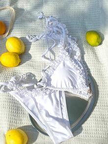 White Lace Trim 2 Pieces Bikini Set - Lace Edging, Halter Tie, Simple Elegant Swimwear For Vacation And Wedding Events - White - View 8