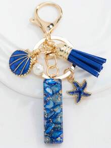 1PC Boho Nautical 26-Letter Resin Keychain - Blue & Golden Initial Pendant With Starfish/Shell/Tassel Charms, Fashionable Key Ring & Couple Bag/Backpack/Beach Bag Charm, Ideal Holiday Gift For Valentine's Day/Birthdays/Parties - Royal Blue - View 13