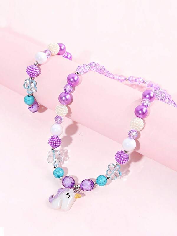2pcs/Set Girls Cute Unicorn Jewelry Set, Beaded Necklace & Bracelet, Suitable For Daily Wear, Birthday Party Gift