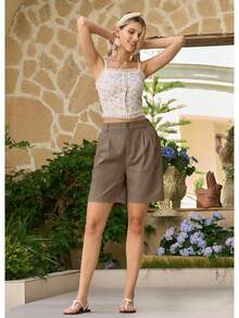 Women's Linen Shorts Dress Casual Wide Leg Summer Pleated Shorts High Waisted With Pockets 10A Valentine's Day 125J - 卡其色 - 查看 4