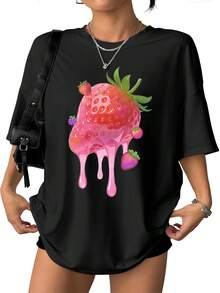 Camiseta Oversized con Estampado de Fresas Goteando |   Camiseta de Algodón Suave Estilo Y2K Cyberpunk Neon Streetwear para Mujer, Ropa de Primavera y Verano. Una pieza, 35% algodón, 65% pol - Negro - Ver 2