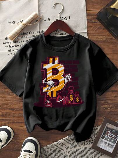 2026 Summer Bitcoin Graphic Short Sleeve T-Shirt For Men Women, Streetwear Crew Neck Tee With Cool Crypto Currency & Money Bag Print, Casual Loose Fit Hip-Hop Inspired Top For Daily Wear