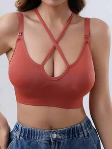 Maternity Crossover Seamless Nursing Bra With Removable Pads, Yoga & Postpartum Breastfeeding Bra - Red - View 3