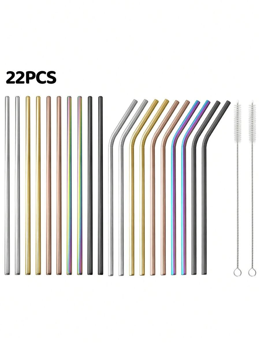 20支装金属直弯吸管套装，可重复使用，配有清洁刷，耐用不锈钢材质，适用于果汁、冰沙、奶茶、咖啡和鸡尾酒。 - - - 查看 1