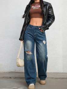 女士纽扣前袋经典宽松牛仔裤 - 霧霾藍 - 查看 5