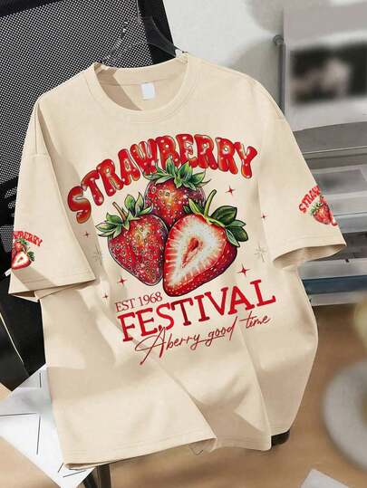 Strawberry Print Round Neck T-Shirt, Plus Size Women Summer Tops. Suitable For Summer Vacation, Beach, Travel, Spring Holiday, Valentine's Day, Mother's Day Gift; Graduation Short Sleeve Shirt; Back To School Outfit; Suitable For Daily Wear, Outing, Festival, Beach, Party, School, Music Festival, Vacation, Work, Outerwear