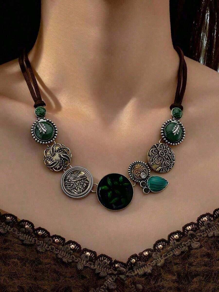 1pc Vintage Western Boho Luxury Floral Textured Pendant Necklace For Women - màu xanh lá - Xem 1