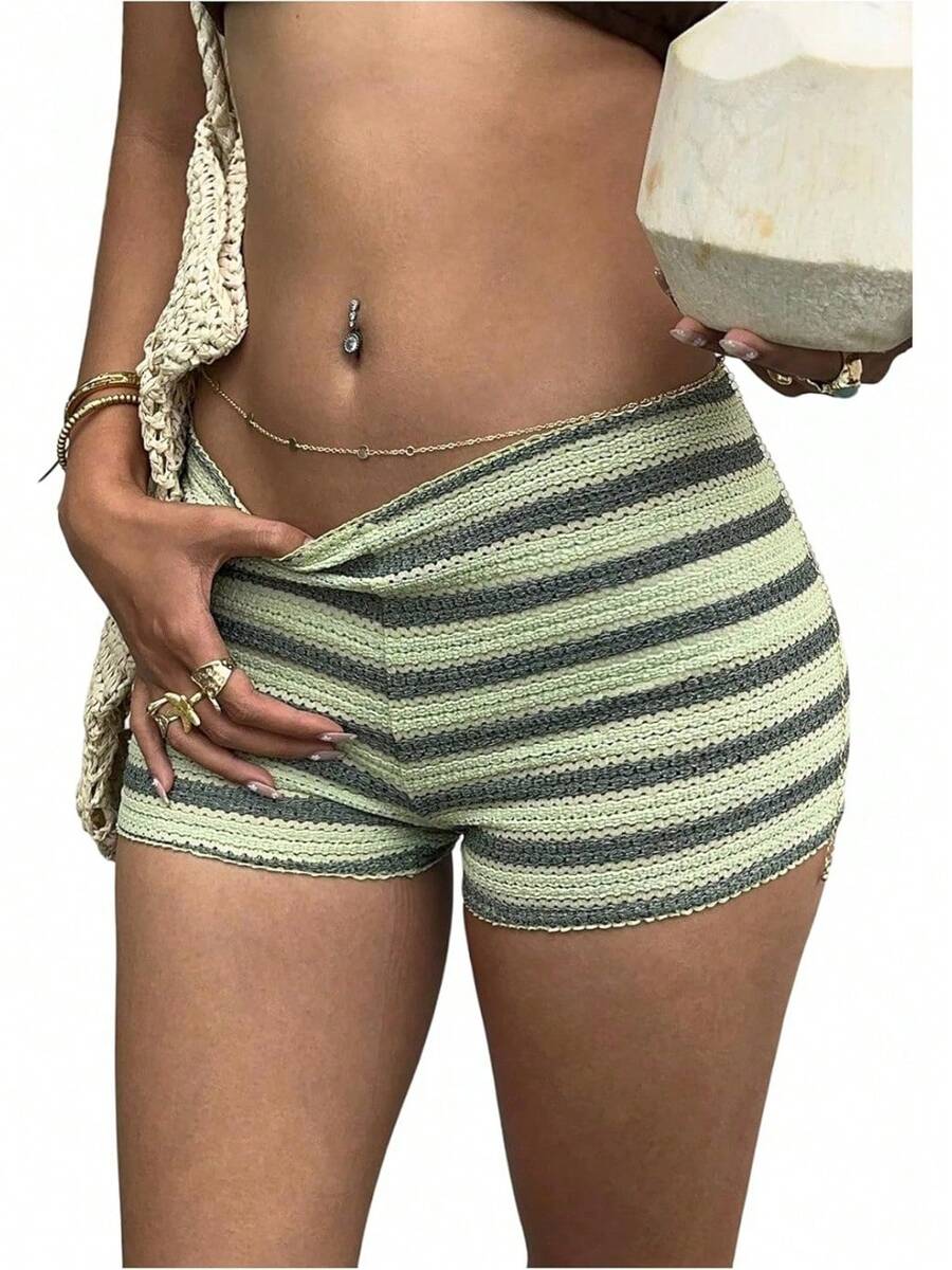 Women's Ruffle Shorts Crochet Tiered Layered Summer Beach Micro ShortsA Valentine's Day AC56 - Green - View 1