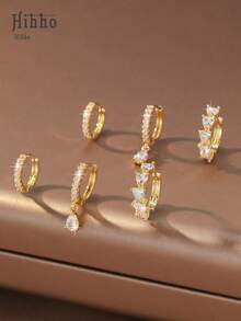 Hihho 3 Pairs Gold Zirconia Earring Set, Classic Zirconia Stud, Water Drop Pendant, Heart Hoop Earrings, Multi-Element Design, Shiny And Attractive For Daily Wear And Stacking - Stacking Earrings - View 3