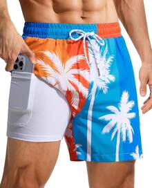 Bañador de hombre de 4 pulgadas: Con forro de compresión, bolsillo con cremallera, cordón, secado rápido, elástico, estampado de árbol para playa y piscina. Un regalo de San Valentín HZTD - Hoja de palma azul-2 - Ver 1