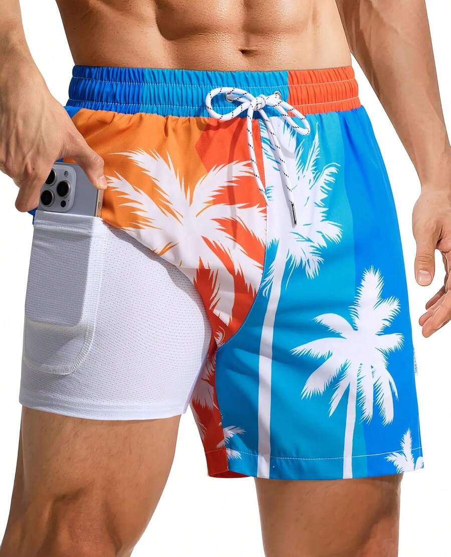 Bañador de hombre de 4 pulgadas: Con forro de compresión, bolsillo con cremallera, cordón, secado rápido, elástico, estampado de árbol para playa y piscina. Un regalo de San Valentín HZTD - Hoja de palma azul-2 - Ver 1