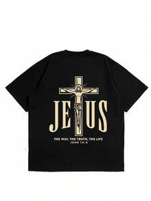 新款时尚男士T恤 “耶稣字母”印花 圆领短袖休闲宽松T恤 - 黑色 - 查看 3