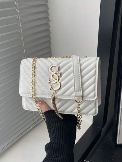 女士时尚纯色PU皮革绗缝单肩包，多功能翻盖链条斜挎包，适合派对/晚宴场合，新款休闲方形度假旅行手机零钱包，适合上班族女性和学生日常通勤