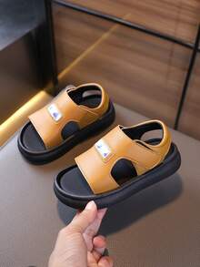 1双男女通用简约平底露趾凉鞋，耐磨防滑儿童沙滩鞋，适合夏季穿着 - 芥末黃 - 查看 5