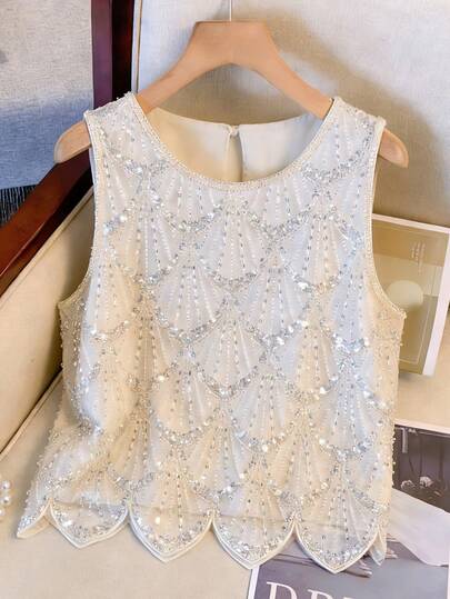 Women's Elegant Party Top - Sleeveless Sequin Blouse, Sheer Protective Formal/Casual Wear - Easy Care Hand Wash Evening Dress, Summer Fashion, Textured Design, Delicate Stitching, Sparkling Sequins, Party Attire