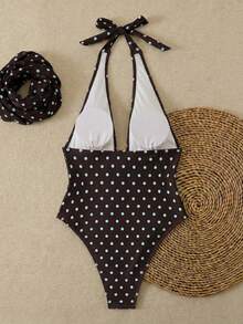 女士性感波点扭结不对称露背纱笼两件式连体泳衣，度假沙滩装，夏季 - 棕色 - 查看 3