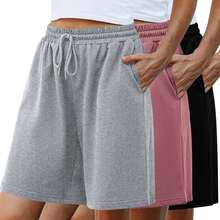 Quenteen Women's Sweat Shorts Bermuda Long Shorts Athletic Casual Loose Cotton Shorts (Available In Plus Size)A Valentine's Day 46QM - 灰色+黑色+深粉紅色 - 查看 8