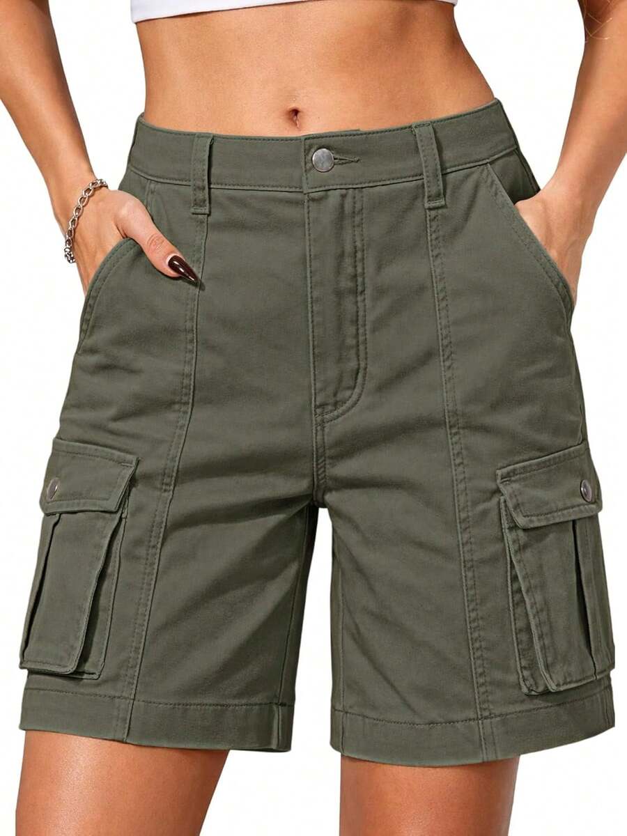 ELLEVEN Bermuda Cargo Shorts Women, Elastic High Waist 6 Pockets Shorts Inch Inseam Summer Jorts Women CasualA Valentine's Day 4RIF - 軍綠色 - 查看 1
