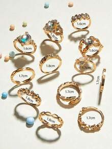 12枚/套波西米亚风水晶装饰戒指，设计包括树叶、蝴蝶等图案，适合女性，夏季、海滩、日常佩戴，也适合情人节、母亲节、复活节等节日，可作为礼物。