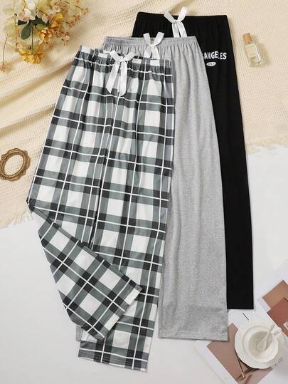 3pcs/Set Elastic Waist Bow Decor Women's Pajama Pants, Solid Color Plaid, Minimalist Style, Lightweight Casual Lounge Pants For Spring, Summer, Autumn, Winter