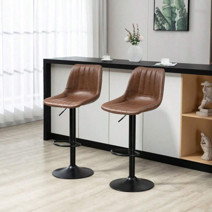 Set Of 2 Bar Stools, Height-Adjustable Counter Stools, Bistro Stools In Faux Leather With Footrest, Steel, Brown, For Kitchen And Bar - Brown + Black - View 1