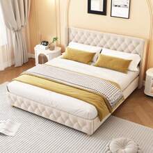 Bed With Storage Compartment And Drawers, Velvet Upholstery, Tufted Bed, Slatted Base, Double Bed, Large Storage Space - 米色 - 查看 3