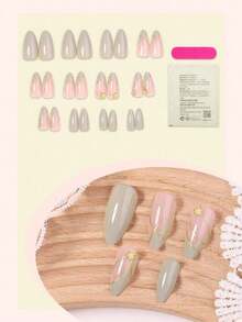 Get Glamorous With 24pcs Long Almond Solid Green Leaf Pattern Leaf Pattern Fake Nail & 1pc Nail File & 1sheet Tape Press On Nails Nail Supplies - màu xanh lá - Xem 8
