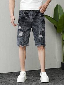 Teenage Boys' Casual Campus Fashion Straight Leg Denim Shorts, Versatile Streetwear - Navy Blue - View 1