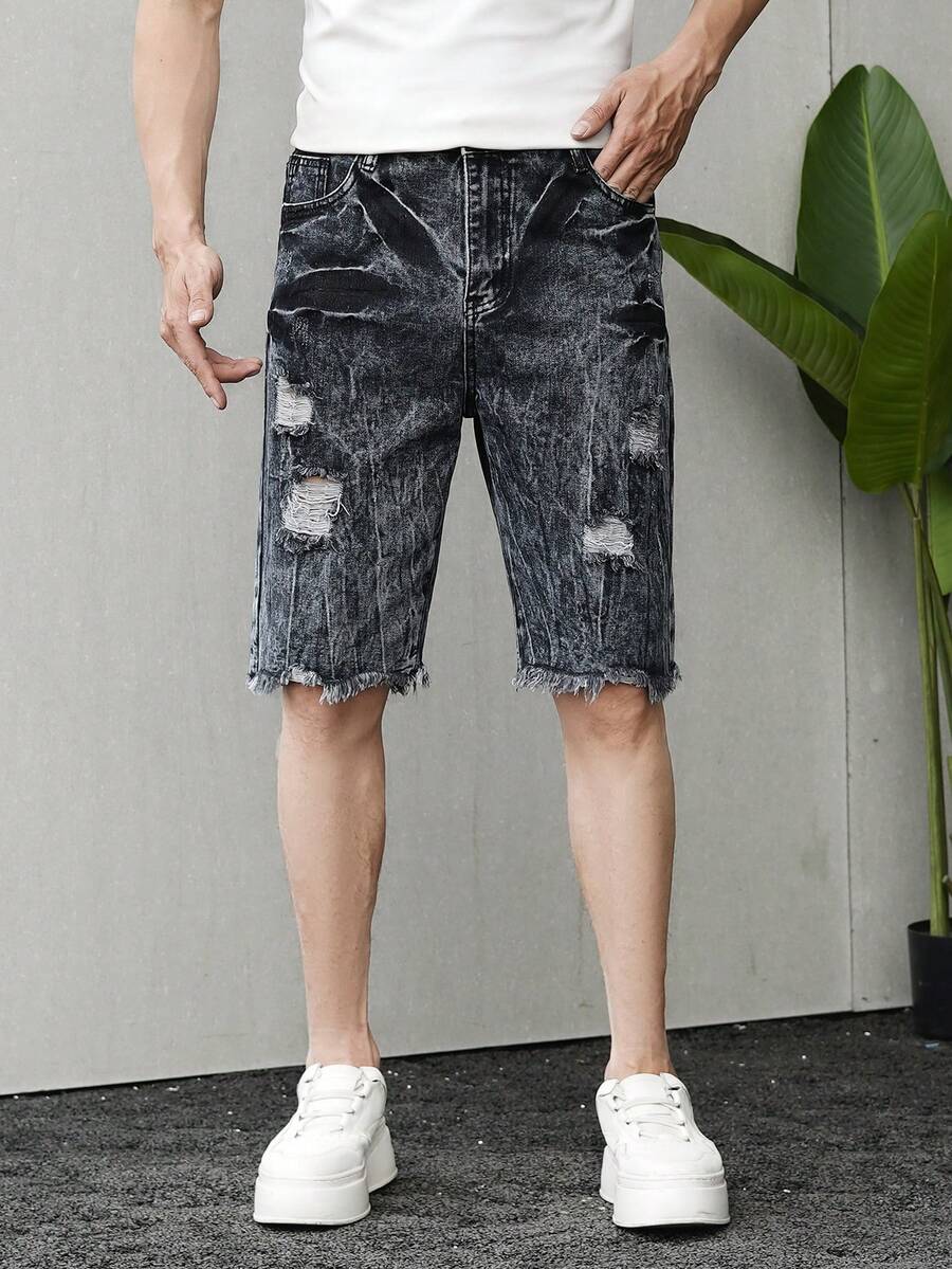 Teenage Boys' Casual Campus Fashion Straight Leg Denim Shorts, Versatile Streetwear - Navy Blue - View 1