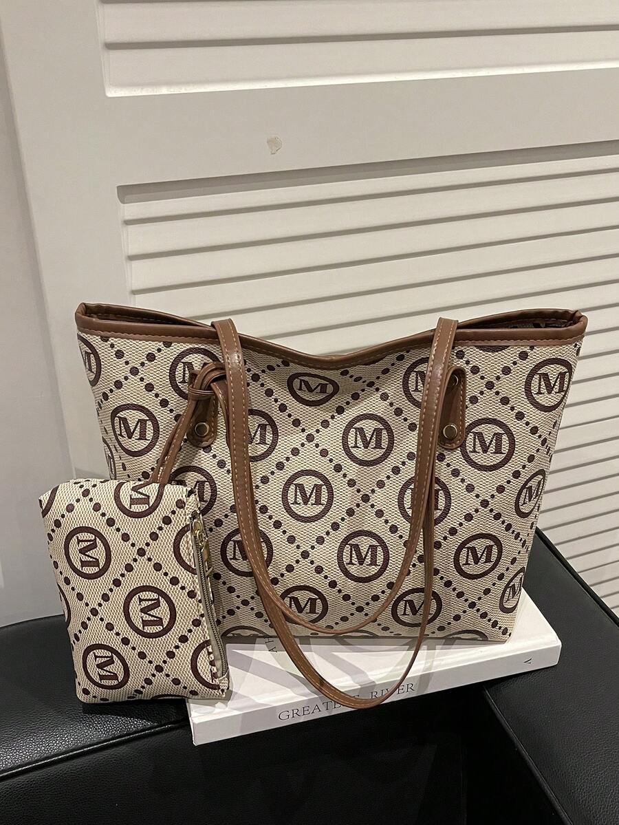 Retro Foldable Geometric Pattern Tote Bag, Shopping Bag With Mini Wallet, Suitable For Girls/Women For Shopping, Commuting, Travel, Back To School - Khaki - View 1