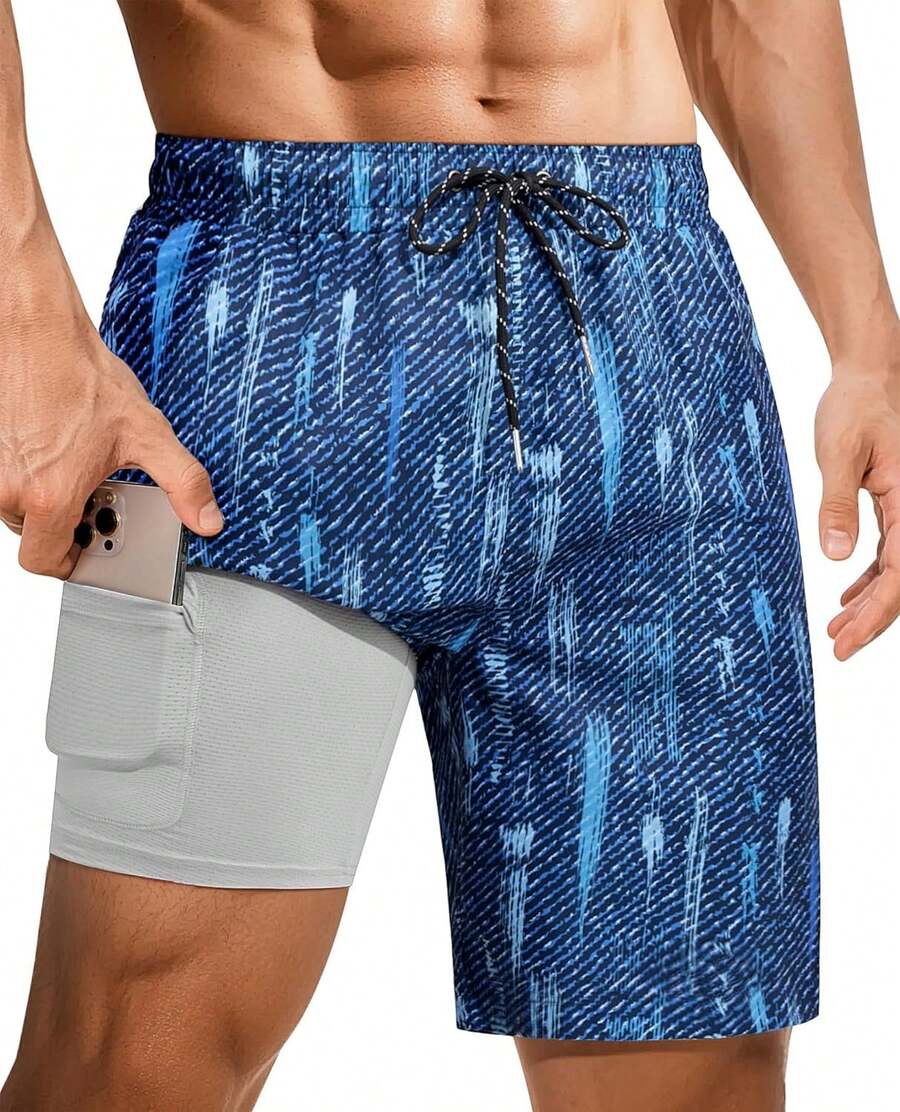 9inch Mens Swim Trunks: 2 In 1 With Compression Liner Stretch Quick Dry Drawstring Shark Pockets Beach Pool VacationA Valentine's Day HVGG - Washed Twill - View 1
