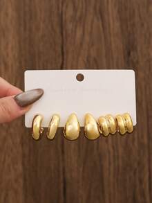 Women's Statement Earrings Set, Geometric Pleated Texture Resin Drop Studs, Elegant & Versatile, Fit For Daily Wear/Vacation/Party, Ideal Mother's Day Gift Choice - Gold - View 4