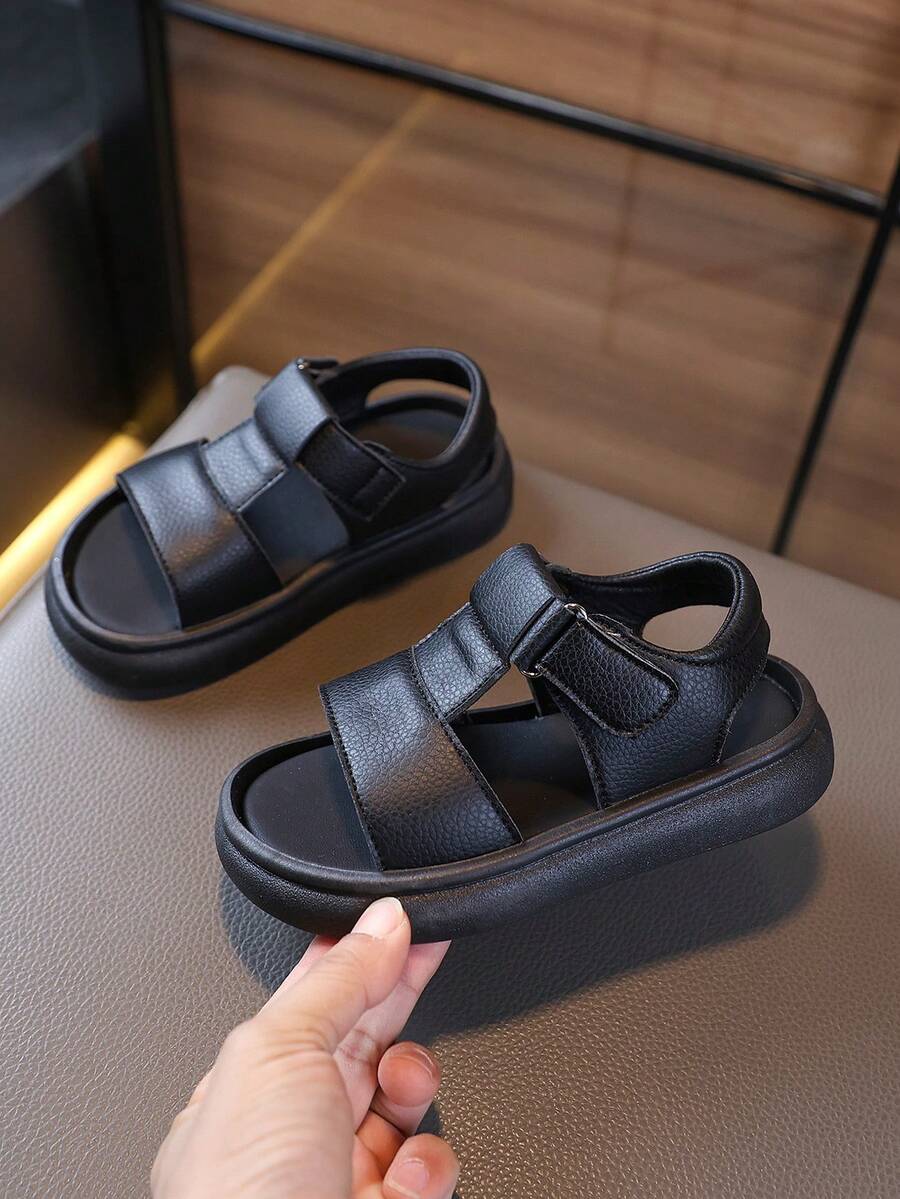 1双男女通用新款简约可爱平底凉鞋，软底防滑儿童沙滩鞋，适合夏季穿着 - 黑色 - 查看 1