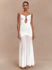 UNITHORSE Women's Spaghetti Strap Backless Dress With Pleated Hollow-Out Design, Mesh Patchwork Party Dress - White - View 1