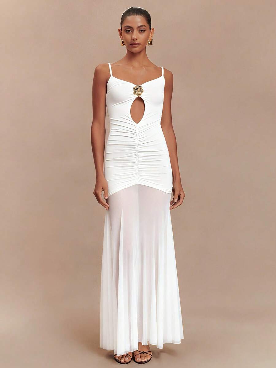 UNITHORSE Women's Spaghetti Strap Backless Dress With Pleated Hollow-Out Design, Mesh Patchwork Party Dress - White - View 1